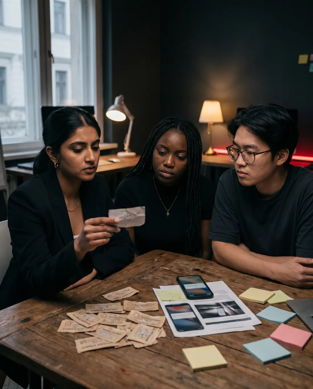 A studio team frowning over a pile of paper loyalty stamp cards and booking-app printouts