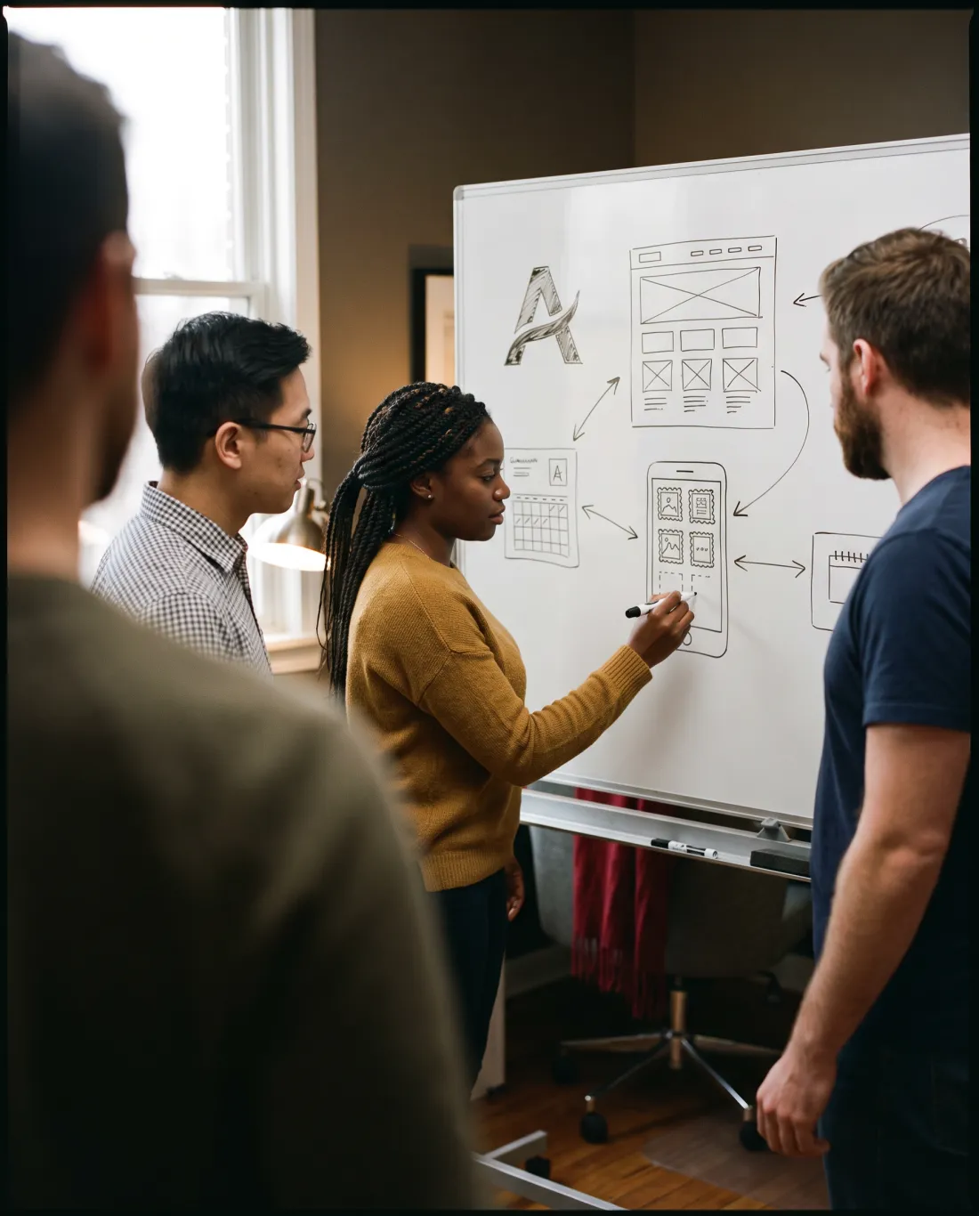 A designer drawing the plan on a whiteboard: logo, website, loyalty card and booking calendar