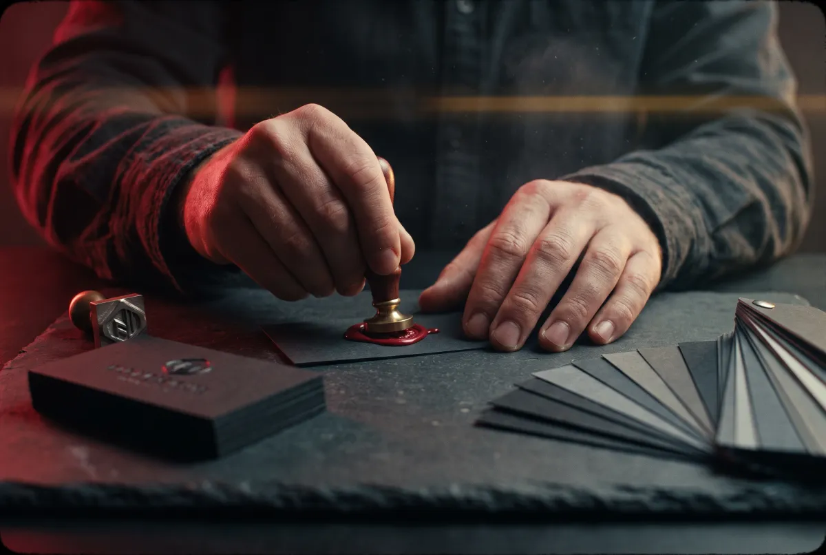 A designer pressing a wax seal beside black brand stationery under red light