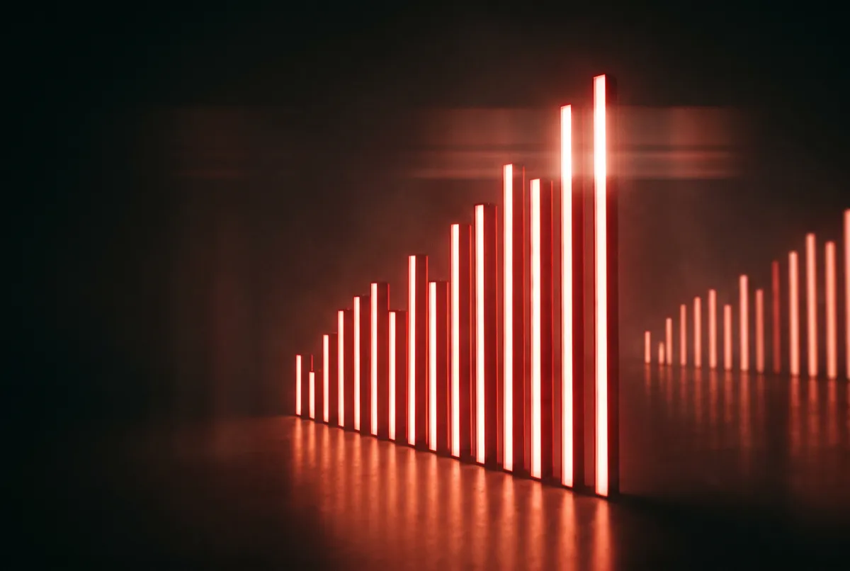 Rising bars of red light in a dark space