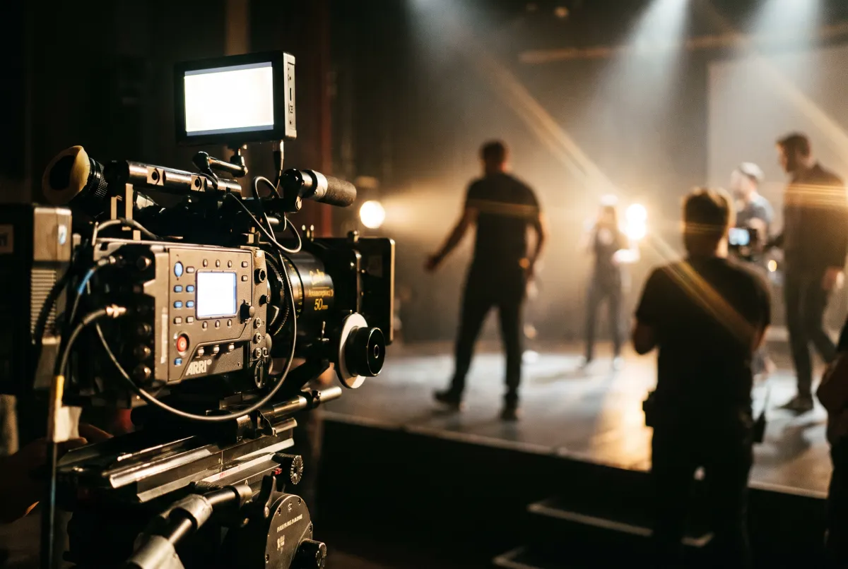 A cinema camera on a hazy film set